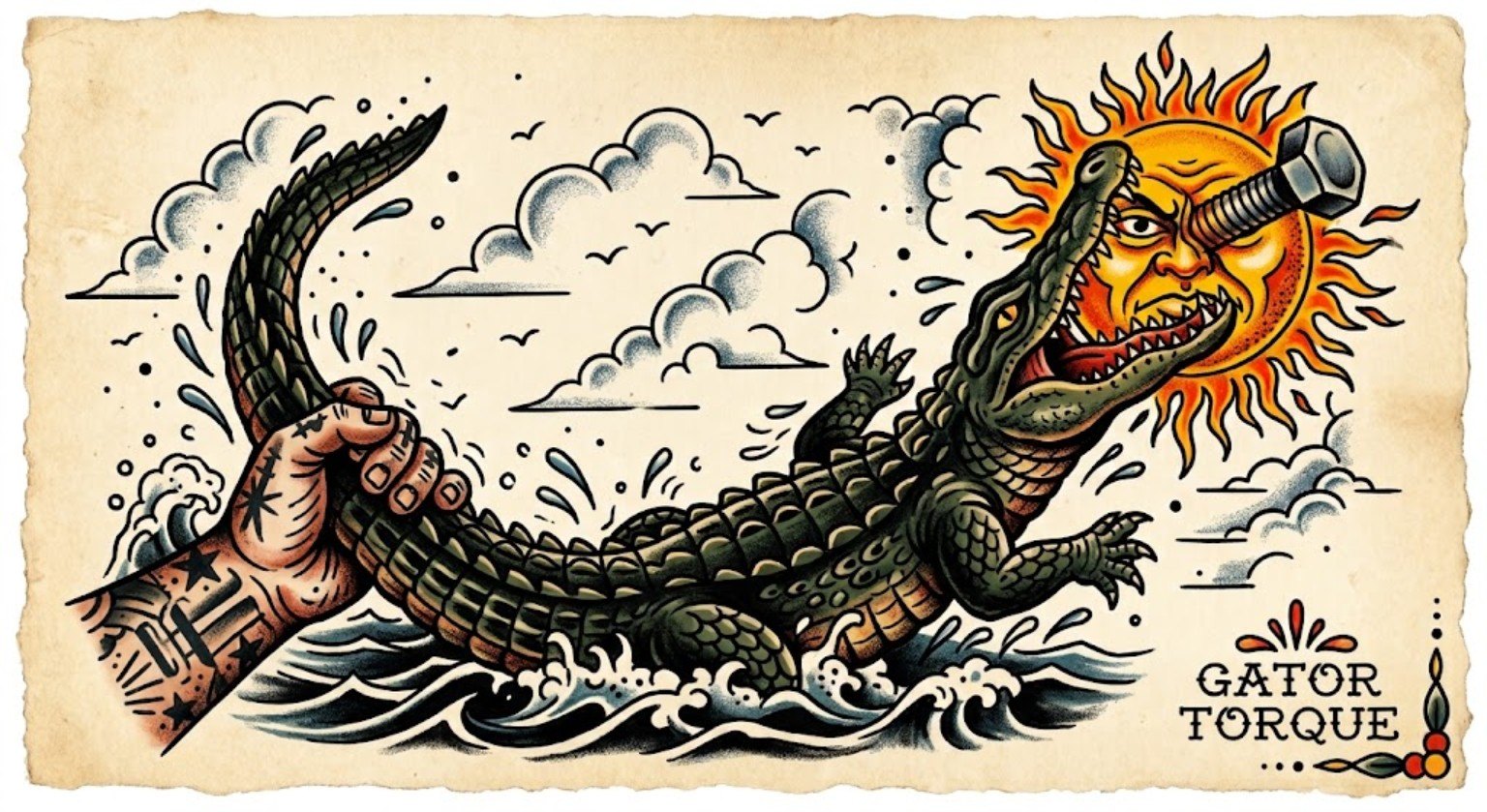 Gator Torque temporary business artwork showing an alligator, sun and bolt
